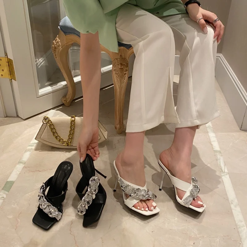

Slippers Women Summer Luxury 2021 New Sexy Square Toe High Heels Crystal Outer Wear Stiletto Muller Sandals And Slippers Women