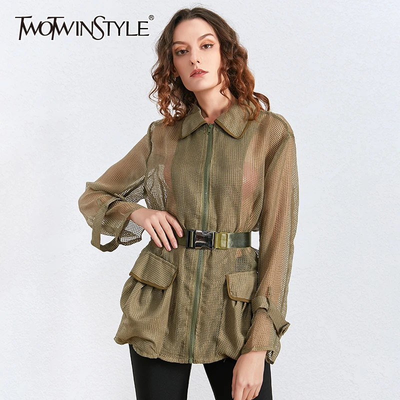 Женская ажурная куртка TWOTWINSTYLE весенняя с отложным воротником длинными рукавами