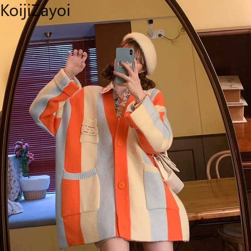 

Женский свитер с V-образным вырезом и карманами, в полоску