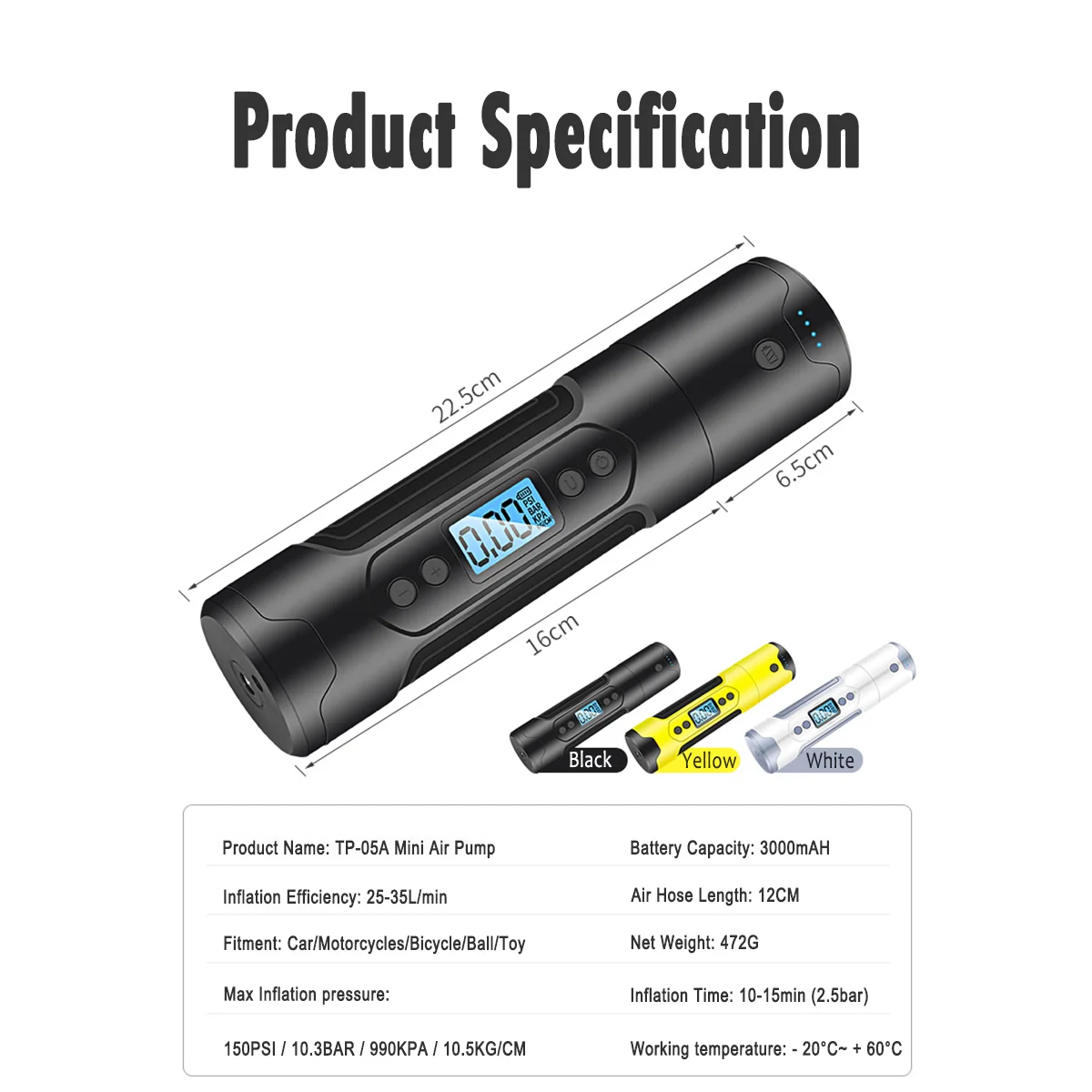 3000mAh 35L/min Portable Air Compressor 12V 150 PSI Tire Inflator For Car Motor Bicycle Pump With Digital Gauge LED Light | Автомобили и