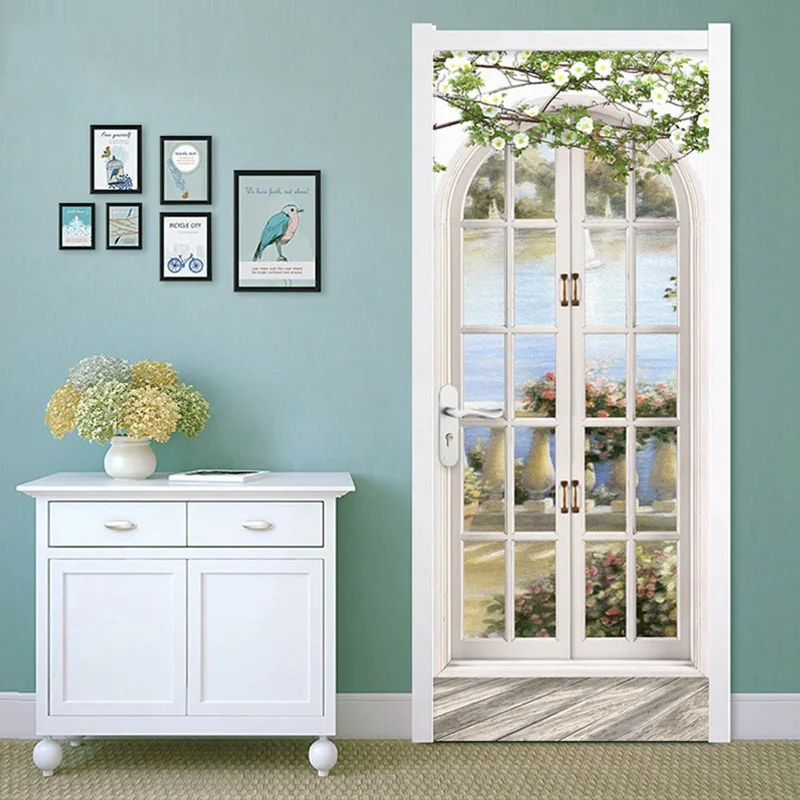

3D Arch Pastoral Landscape Bedroom Door Murals Wall Sticker Decor Anti Fouling Decoration Moisture-proof Door Creative Decal