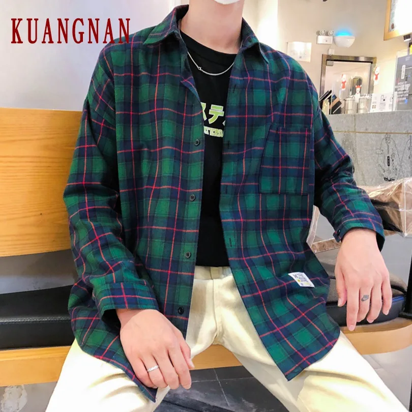 KUANGNAN клетчатая рубашка Мужская Уличная с длинным рукавом модная хип хоп мужская