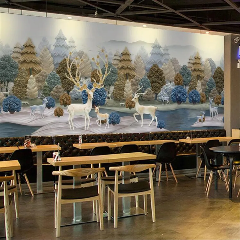 

Milofi wall custom new 3D three-dimensional simple retro forest elk animal hotel club background wall