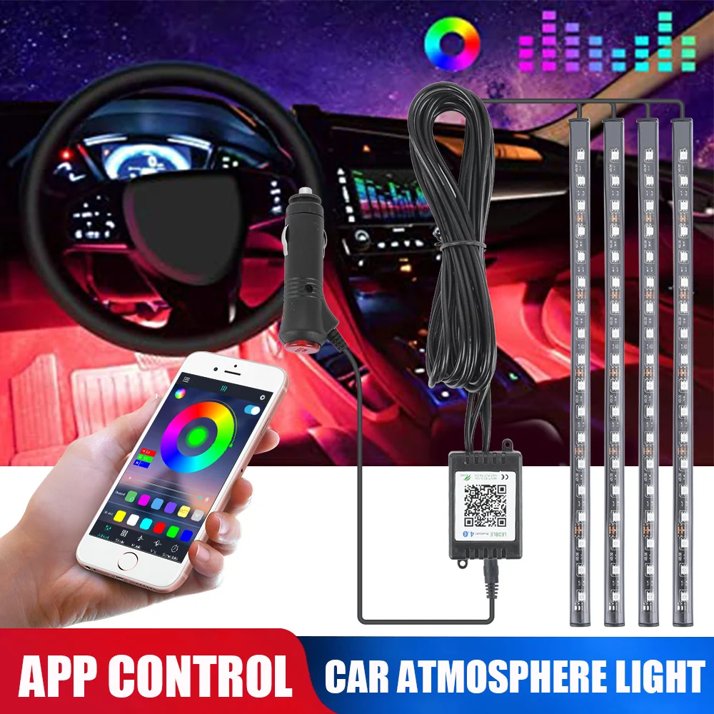 

Светодиодная лента RGB для тюнинга автомобиля, декоративные лампы для создания атмосферы в салоне автомобиля, 12 В, с пультом, 4 шт.