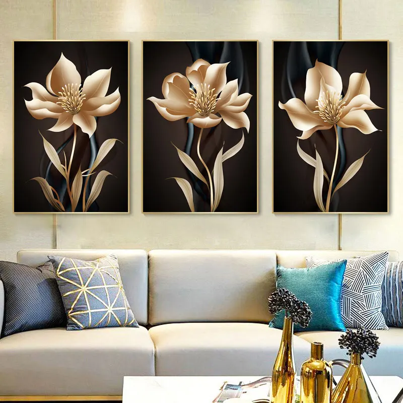 

Abstract Beautiful Black Golden Flower Wall Art Canvas Painting Nordic Posters and Prints Wall Pictures for Living Home Decor