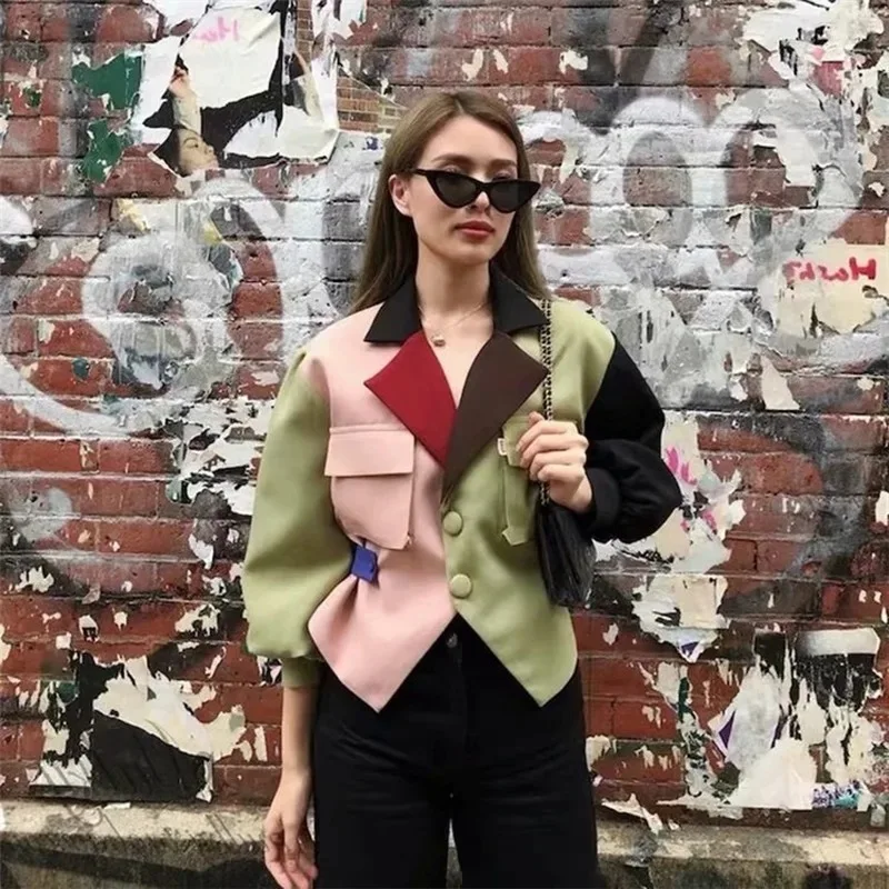 

Ins Celebrity Blazer Suit Women Multicolor Slim Waist Simple Short Blazer Fashion Streetwear Contrast Color Single Breasted Suit