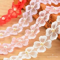 1 yards four leaf clover pattern lace embroidered pearl decor organza satin ribbons diy gift packaging sewing materials