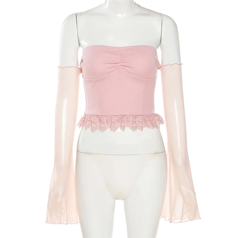 

Women Summer T-Shirts Sexy Crop Tops Solid Color One-Shoulder Flared Sleeves Low-Cut Waist Navel Casual Backless t Shirt Fashion