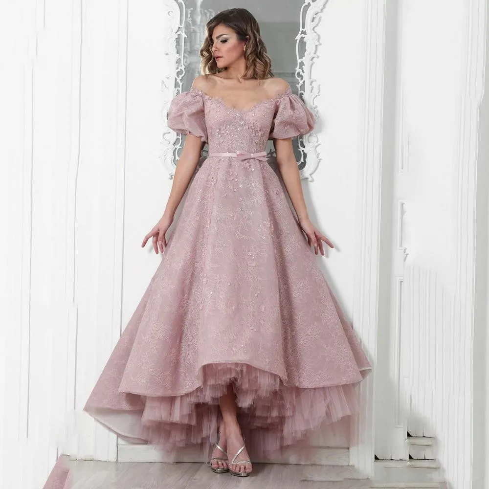 

Sexy High Low Ball Gown Evening Dresses V Neck Backless Short Sleeves Lace With Bow Sash Appliques Sequined Prom Gown