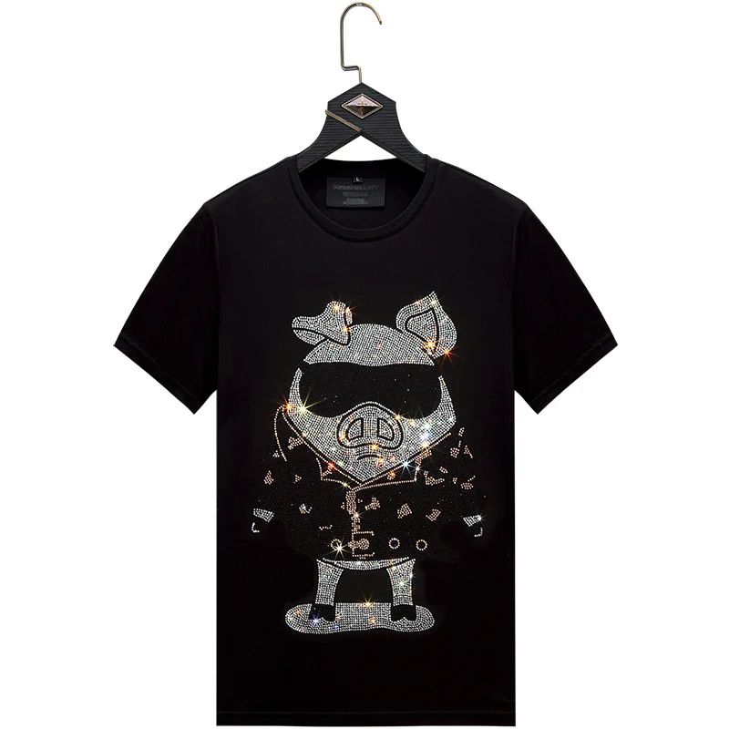 

Black T Shirts White Male Shirt Male Streetwear Slim Men Short Sleeve Shirt Diamond Inlaid Sunglasses Pig Boss Plus Size 6XL