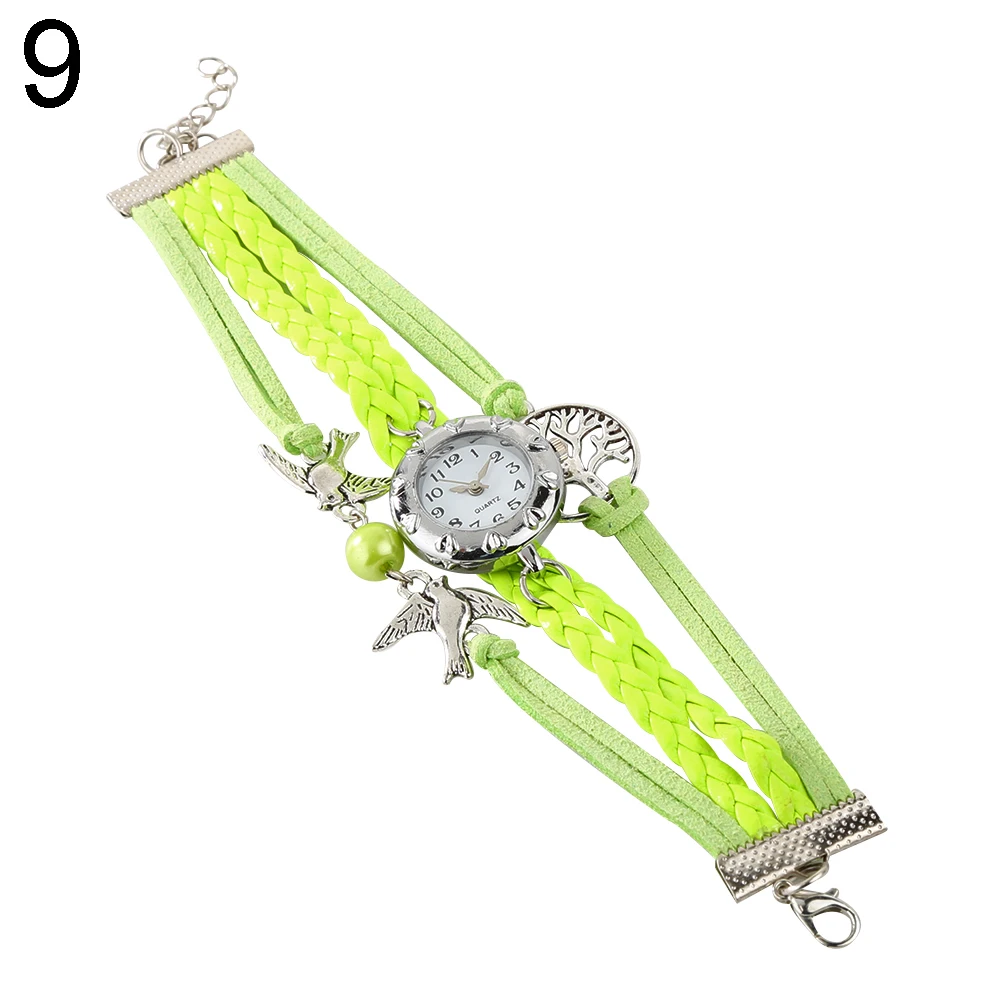 Light Green Новые модные часы женские кварцевые часы пустое Дерево жизни птицы бусины Шарм Многослойные ретро плетеный браслет наручные часы для подарков - Цвет: Light Green