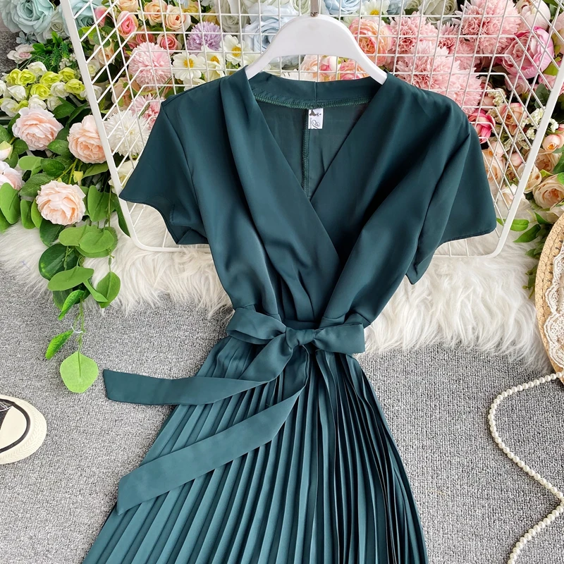 

Summer Elegant Solid Women Pleated Dress Casual Short Sleeve Sashes Dresses Vintage High Waist Slim Beige/Green Dress New 2021