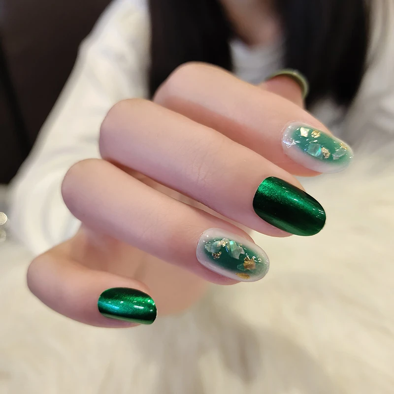 24 шт./упаковка накладные ногти зеленого цвета овальной формы водонепроницаемые с