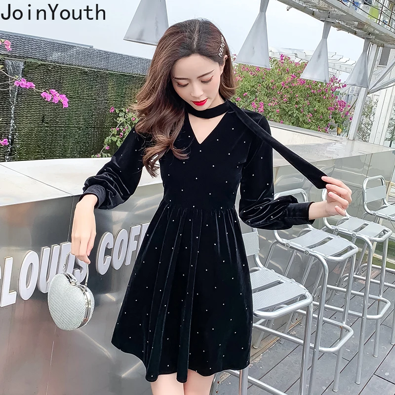 Joinyouth платья для женщин Корейский A Line Solid Ropa Mujer яркий Кристалл Мини халат Femme 2020