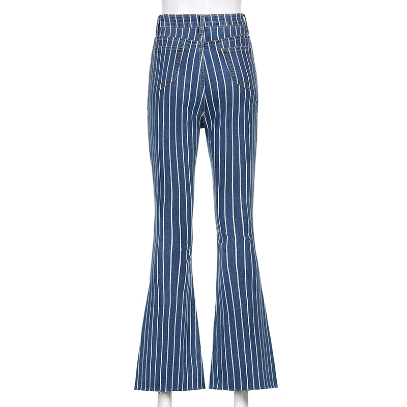 

Darlingaga Streetwear Stripe Bodycon Flare Pants Women High Waist Jeans Vintage Slim Denim Trousers Slim Full Length Pantalones