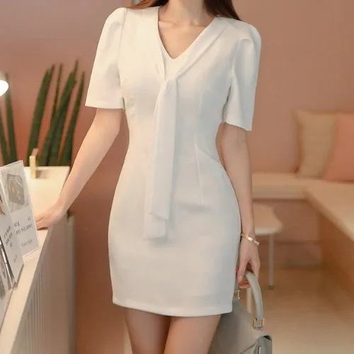 

Women's Elegant White Dress Korean Fashion V-neck Short Sleeve Summer Dress Bowtie Ribbon Slim Sexy Female Clothing Dress