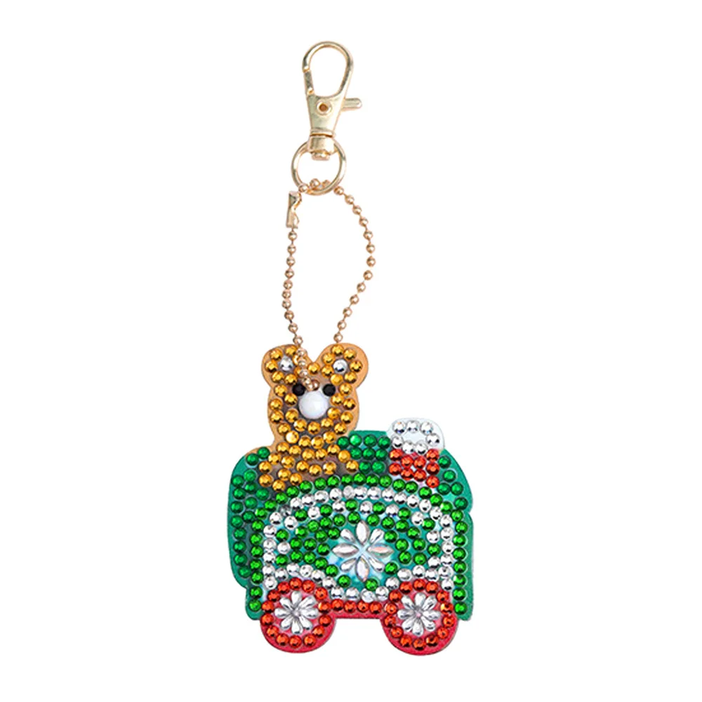 

4pcs DIY Full Rhinestone Painting Accessories Christmas Small Train Keychain Decoration Resin Keyring Bright Drill Keyr