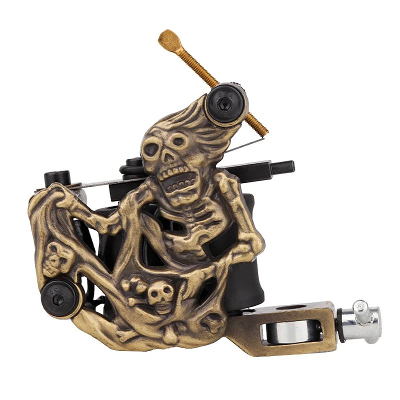 Дешевые тату машины пистолет золотой череп broze ручные 10 обмоток катушки чугунные