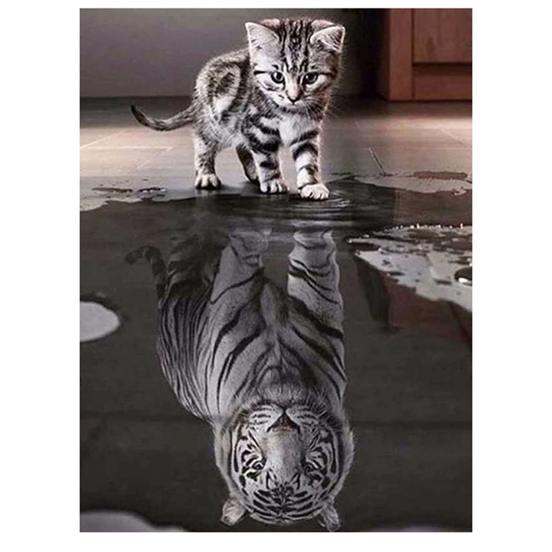 

Алмазная живопись, полная круглая Алмазная мозаика, ручное украшение для детской комнаты, черный и белый Кот и тигр