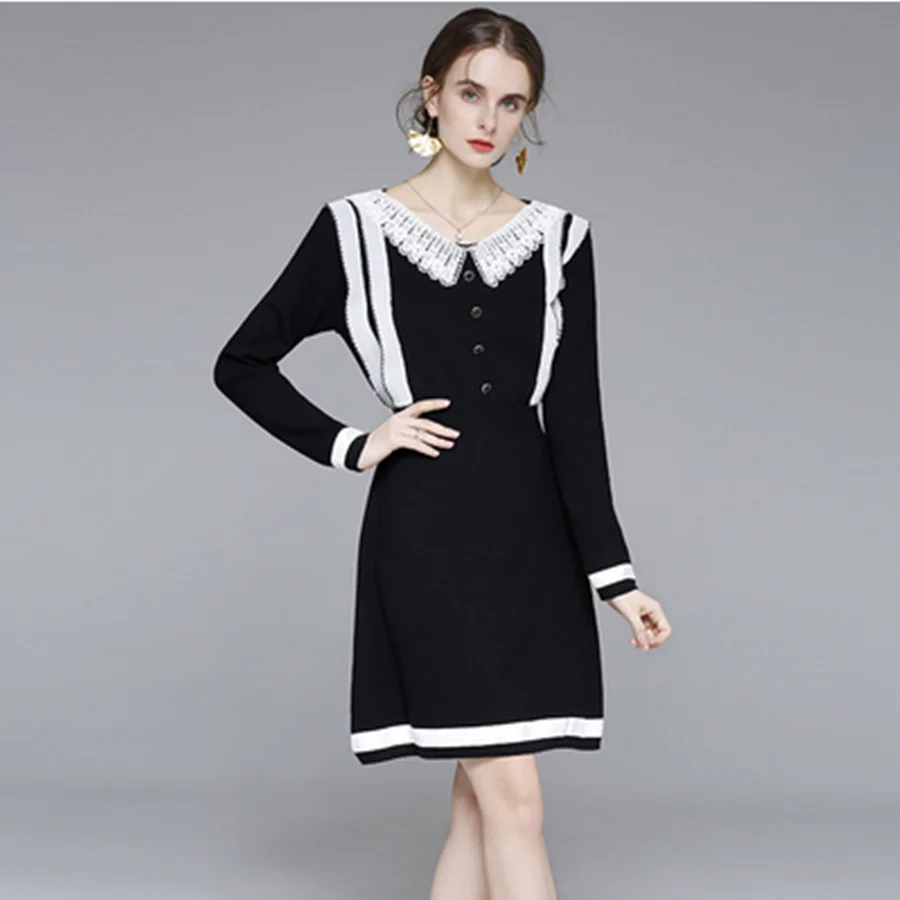 

Женское трикотажное платье до колен, кружевное лоскутное платье в стиле ретро с воротником «Питер Пэн» и длинным рукавом, большие размеры 2XL