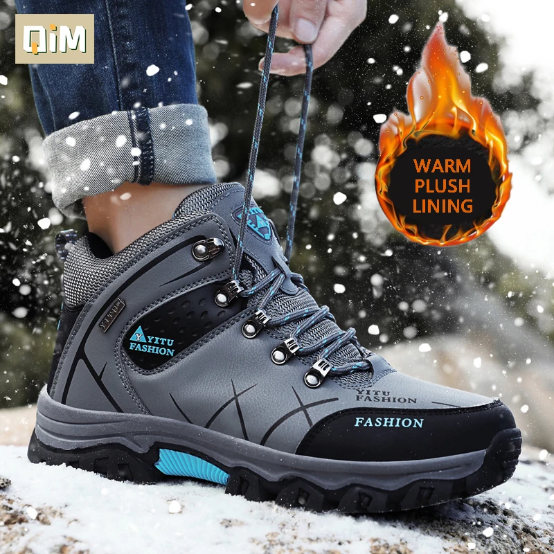 

QIM Men Winter Snow Boots Waterproof Leather Sneakers Super Warm Plush Men's Boots Outdoor Male Hiking Boots Work Shoes 39-47