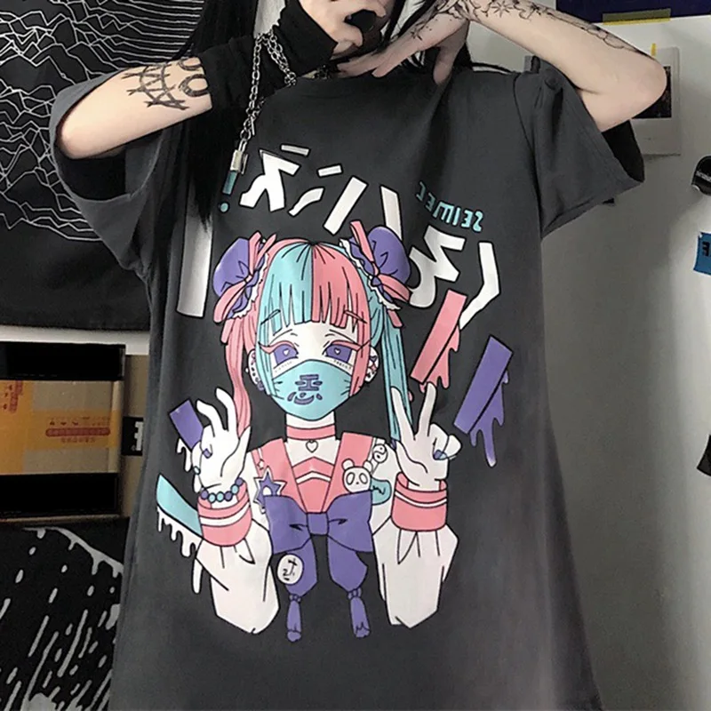 

2021 Printing Casual Harajuk goth Female's tshirts Kawaii Unisex Short Sleeve Anime T Shirt HipHop Summer Women Streetwear Tops