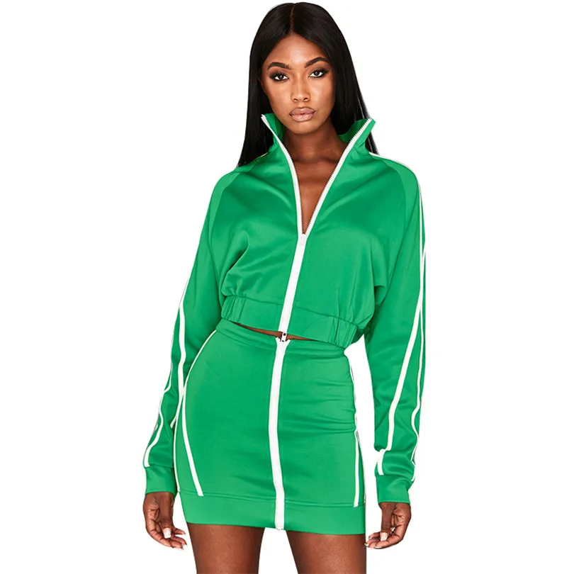 Повседневный зеленый комплект из двух предметов в полоску с воротником стойкой