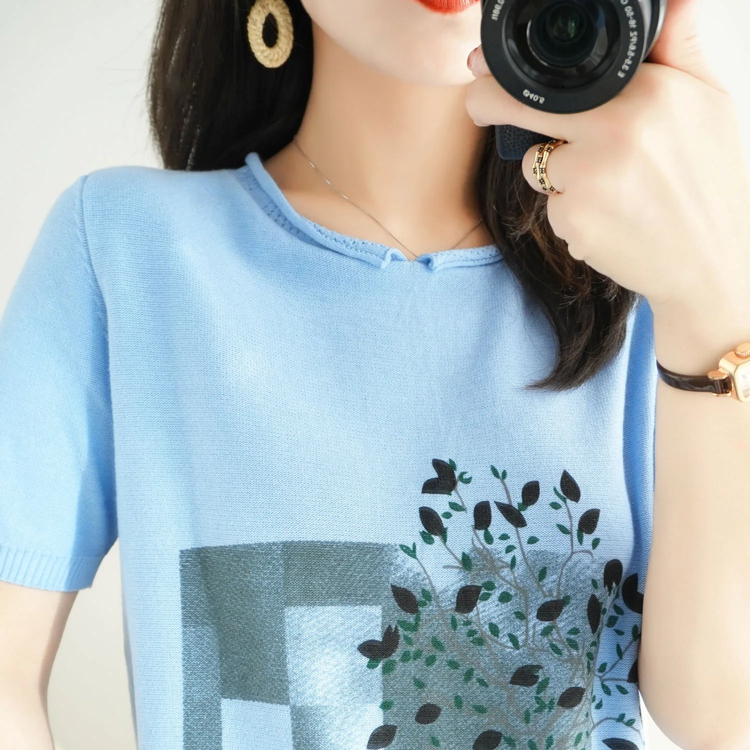 

2021 summer masochism cotton knitted short sleeve T-shirt women's printing Korean loose half sleeve linen base shirt YUHANRONG