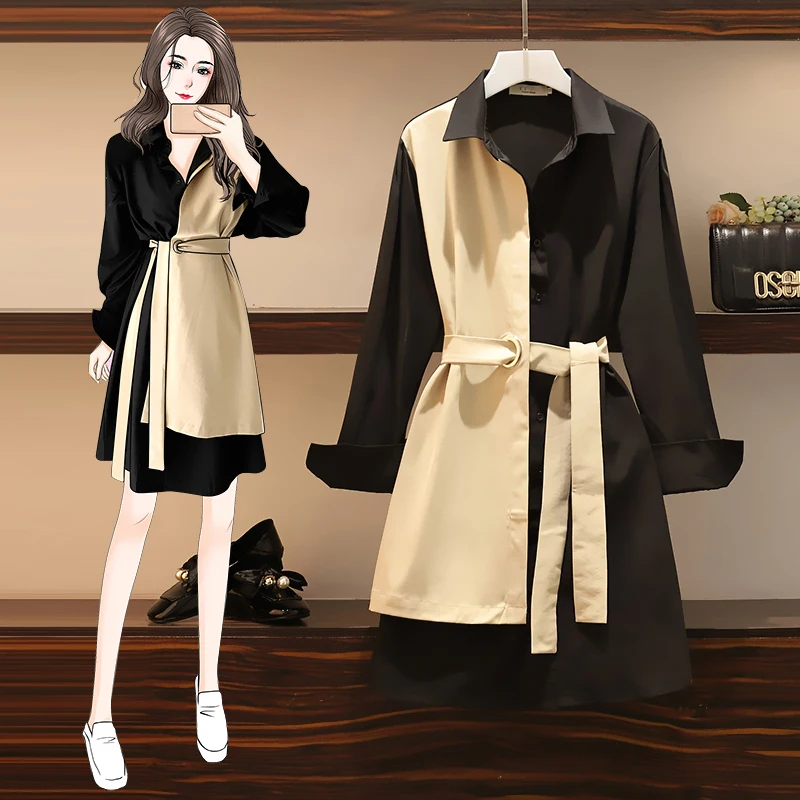 

EHQAXIN Dresses For Womens Summer Autumn New Loose Contrast Color Stitching Long-Sleeved Casual Button Shirt Dress Female L-4XL