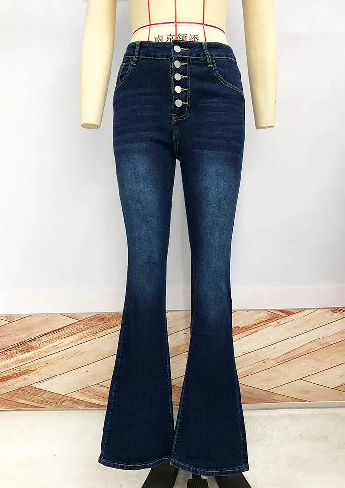

Women Long Flare Denim Pants Female High Waist Trousers Fashion Streetwear Jeans Pants Buttons Pockets Bottoms