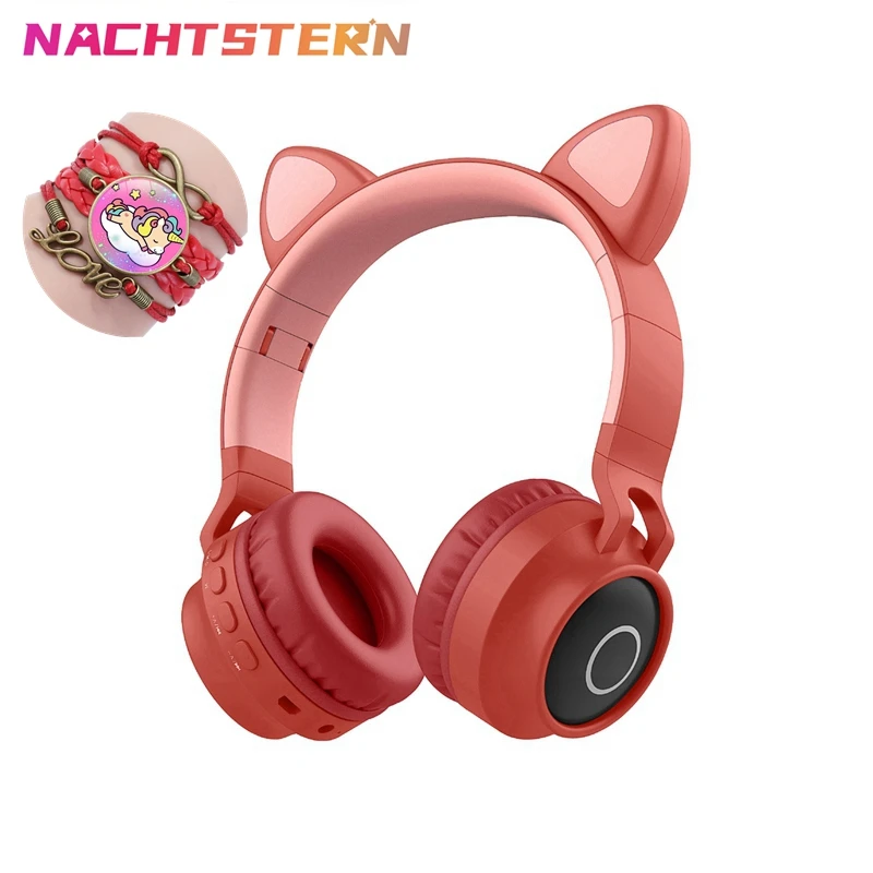 Auriculares inalámbricos con orejas de gato rojas para niños y niñas, cascos...