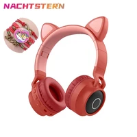 red cat ear wireless headset bass noise cancelling kids girl fone de ouvido support tf card casco with mic unicorn bracelet gift