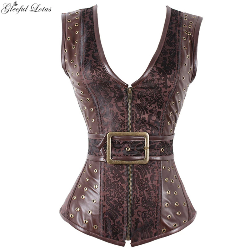Женский кожаный корсет в стиле стимпанк Коричневый на молнии со шнуровкой 12