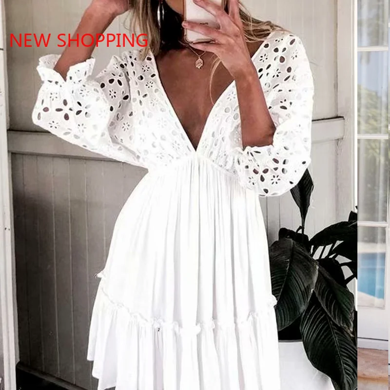 

Sexy Summer Beach Ruffled Dress 2021 New Vintage Cotton Women Lace Stitching Cut Out Dress Deep V-neck Short Mini Dresses Female