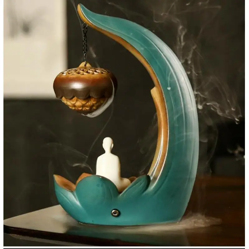 

Backflow Incense Burner Waterfall Incense Censer Holder Home Decor Porcelain Reflux Censer Ceramic Aroma Stove With LED LIght