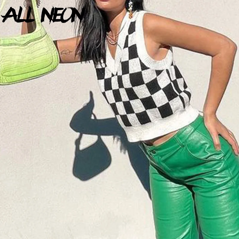 

ALLNeon 90s Streetwear Cute Checkered Knitted Sweater Vests Y2K Vintage Plaid Print V-neck Crop Tops Casual Pullovers Sleeveless