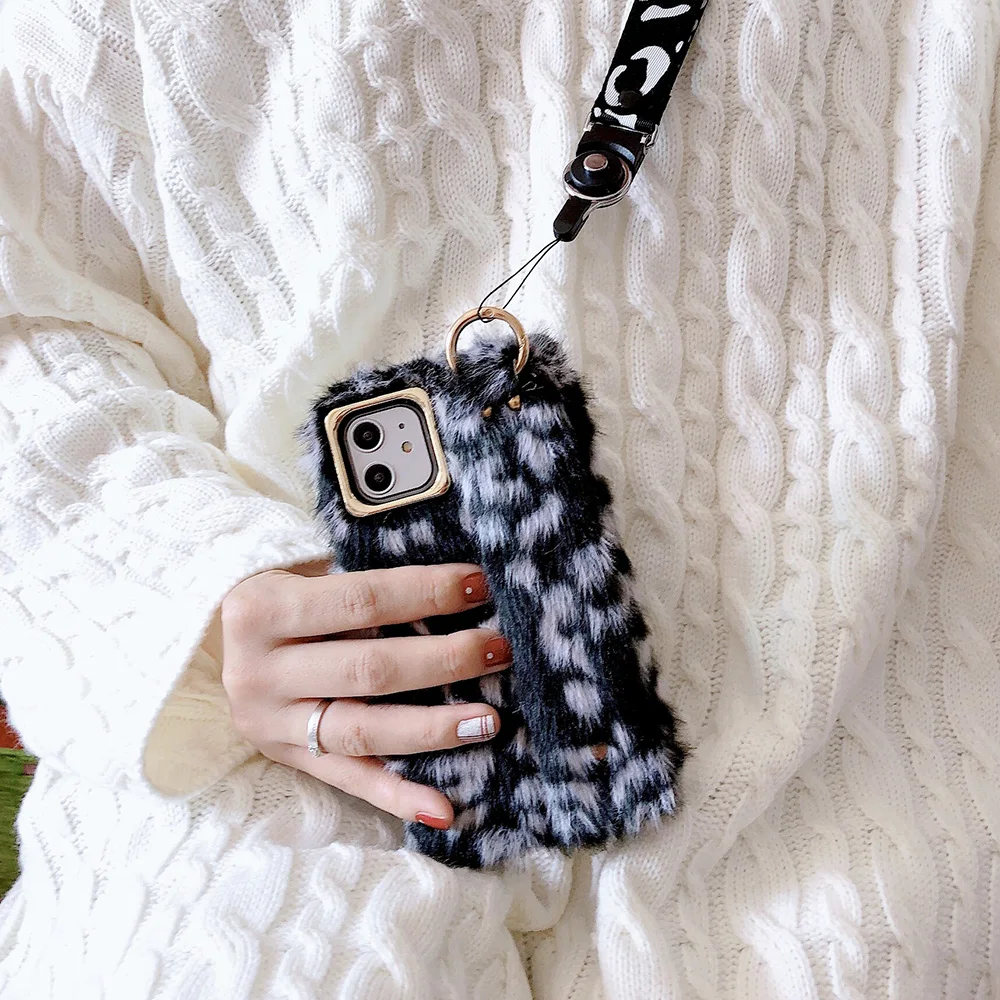 JONSNOW Леопардовый плюшевый чехол на запястье для iPhone 11 Pro X XR XS Max теплый зимний чехол для телефона для iPhone 7 8 6S 6 Plus чехол