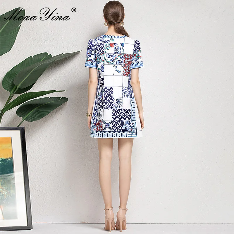 

MoaaYina New 2021 Summer Runway Mini Dress Women's Short sleeve Beading Fashion Plaid Floral print Elegant Mini Dress
