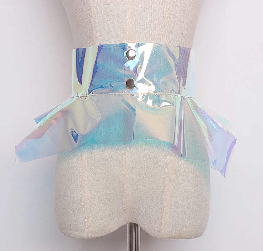 2020 New Laser Fashion Girdle Ruffled Slimming Wide Belt with Dress Leather Belt Plastic PVC Women Belt Harajuku Waist Belts