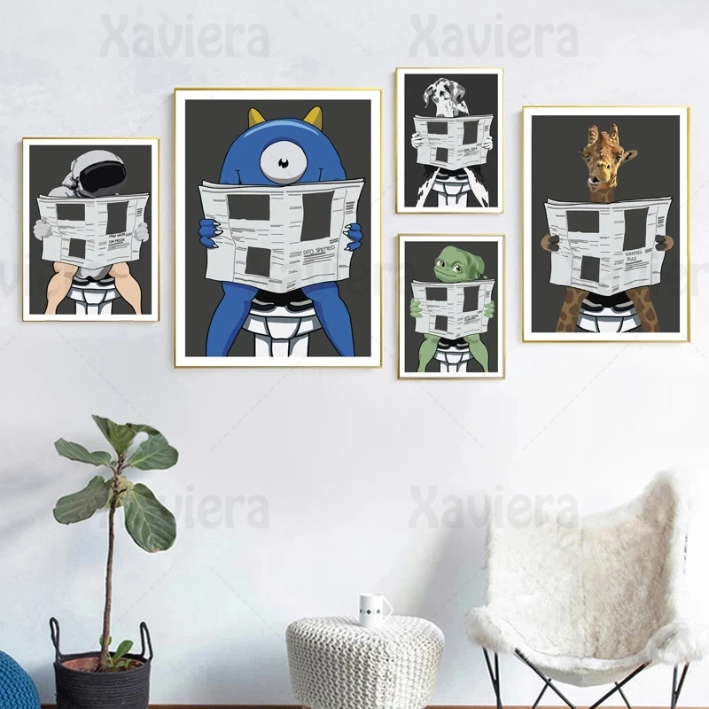 

Funny Toilet Wall Art Poster Cartoon Dog Giraffe Cat Astronaut Alien Read Newspaper Canvas Painting Wall Picture Home Decoration