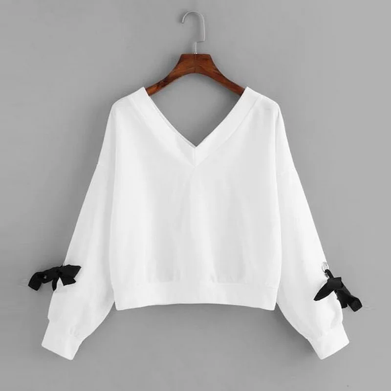 Fashion Sweatshirts Women Sexy V-Neck Bowknot 2019 New Autumn Casual Solid Color Long Sleeve Pullovers Loose Slim Fit Sweatshirt | Женская