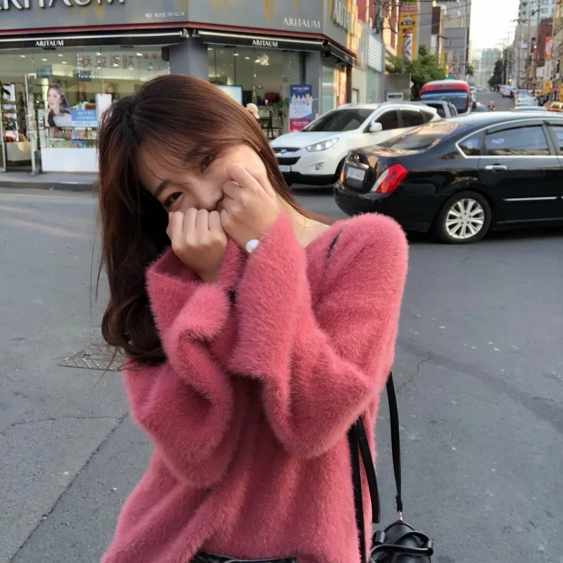 Осень корейский ins Harajuku сладкий винтажный сплошной цвет вязаный свитер женский модный Свободный v-образный вырез с длинными рукавами женский свитер
