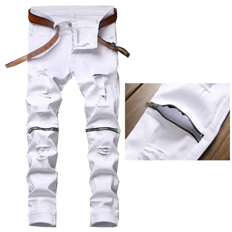 

2021 White Zipper Men Jeans Skinny Ripped Holes Slim Male Denim Pants Trousers Casual High Street HipHop Amazing Clothing