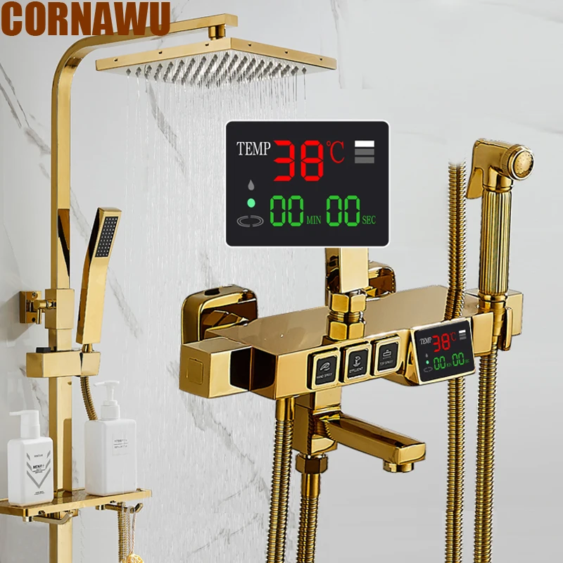 Золотая Душевая система для ванны набор цифровых смесителей от дождя смеситель