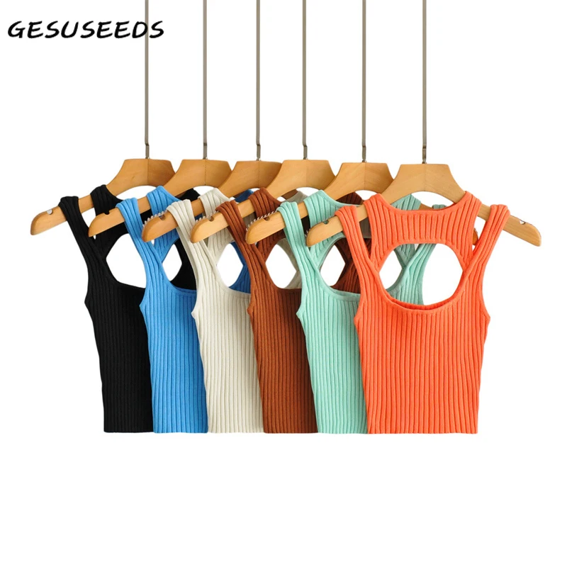 

Knit tank top women 2021 summer sexy tops sleeveless hollow out crop top women fashion fake 2 piece top black beige tops blue