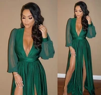 new green plunging v neck slit evening dress 2020 sheer long sleeves formal dresses prom party gowns robe de soriee