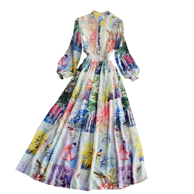 

style standing collar dress spring retro printing foreign style bubble sleeve chic gentle wind swing floor long