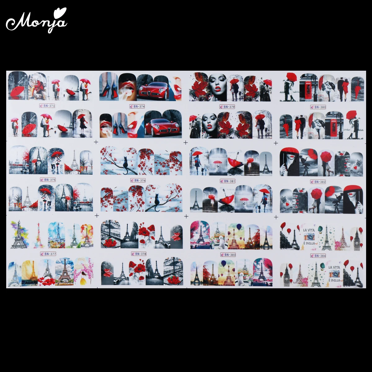 Наклейки для дизайна ногтей Monja 12 листов переводные наклейки клен Эйфелева башня