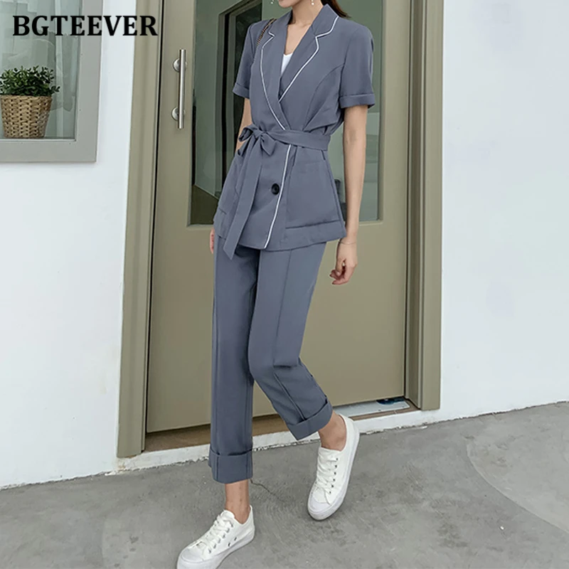 BGTEEVER Повседневный двубортный женский пиджак и прямые брюки с высокой талией