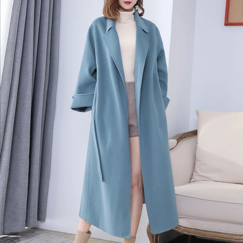 Зимнее классическое пальто двухстороннее шерстяное женское синее черное